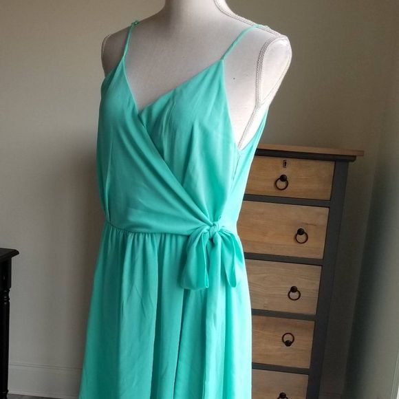 Buttons Aqua Faux Wrap Dress Ties at Hip in Size Large - Picture 3 of 8